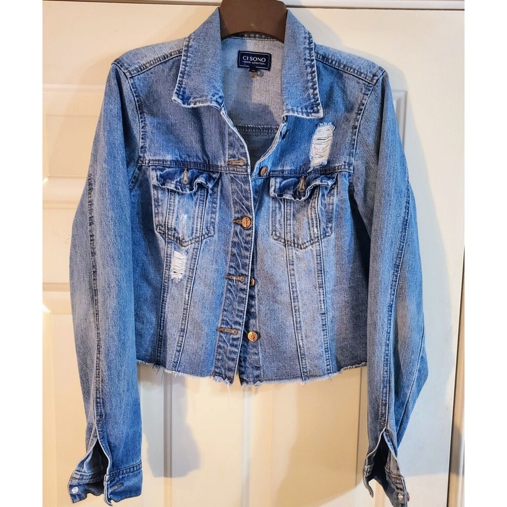 EUC Ci Sono Cropped Distressed Wash Women's Denim Jean Jacket Size M